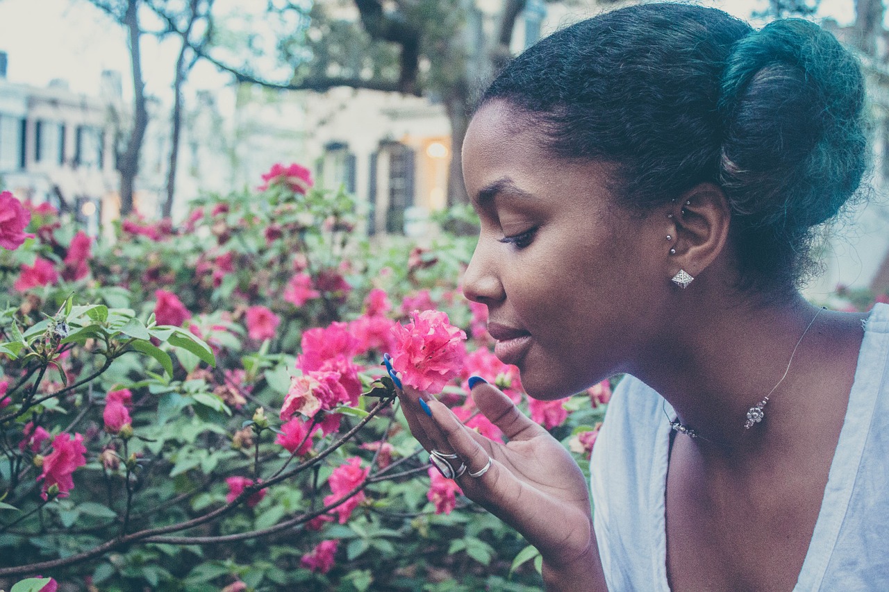 flowers, woman, smelling